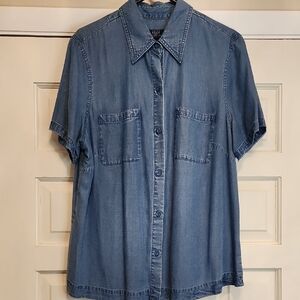 CRAZY HORSE Blue Denim Button Down Collar Shirt Pockets Darts Soft Tensel Cotton